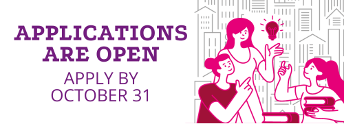 A group of cartoon folks with books in front of a skyline. A lightbulb appears above them. Text reads: Applications are open. Apply by October 31.