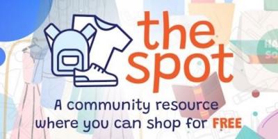 Cartoon bookbag, t-shirt, and sneaker next to text: "the spot - A community resource where you can shop for FREE