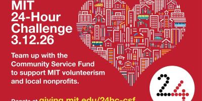 Text: MIT 24-Hour Challenge 3.12.26 Team up with the Community Service Fund to support MIT volunteerism and local nonprofits. A stylized heart featuring people, buildings, and transport representing the neighborhood.